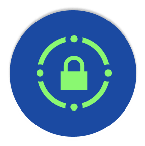 Green padlock icon surrounded by a segmented circular target on a blue circular background representing security.