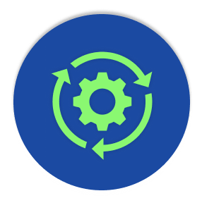 Green gear icon with two circular arrows on a blue round background, symbolizing technology or process automation.