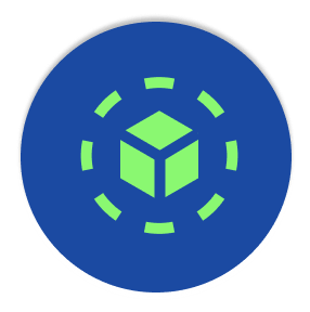 Green 3D cube surrounded by segmented circular lines on a blue circular background.