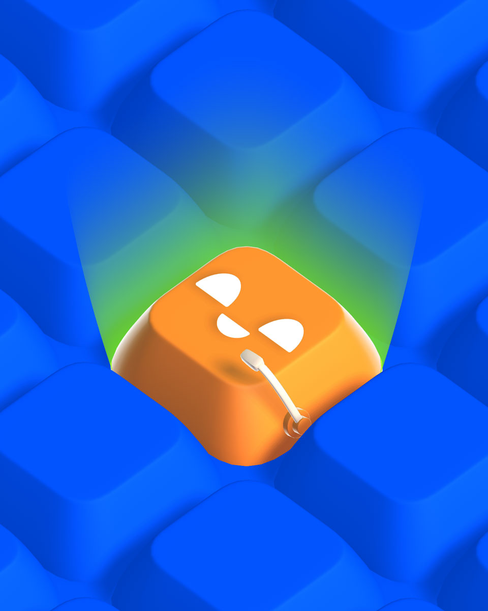 Orange keyboard key with a playful face and a headset microphone, glowing green amidst blue keys.