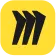 Three black stylized arrowheads pointing right on a yellow square background.