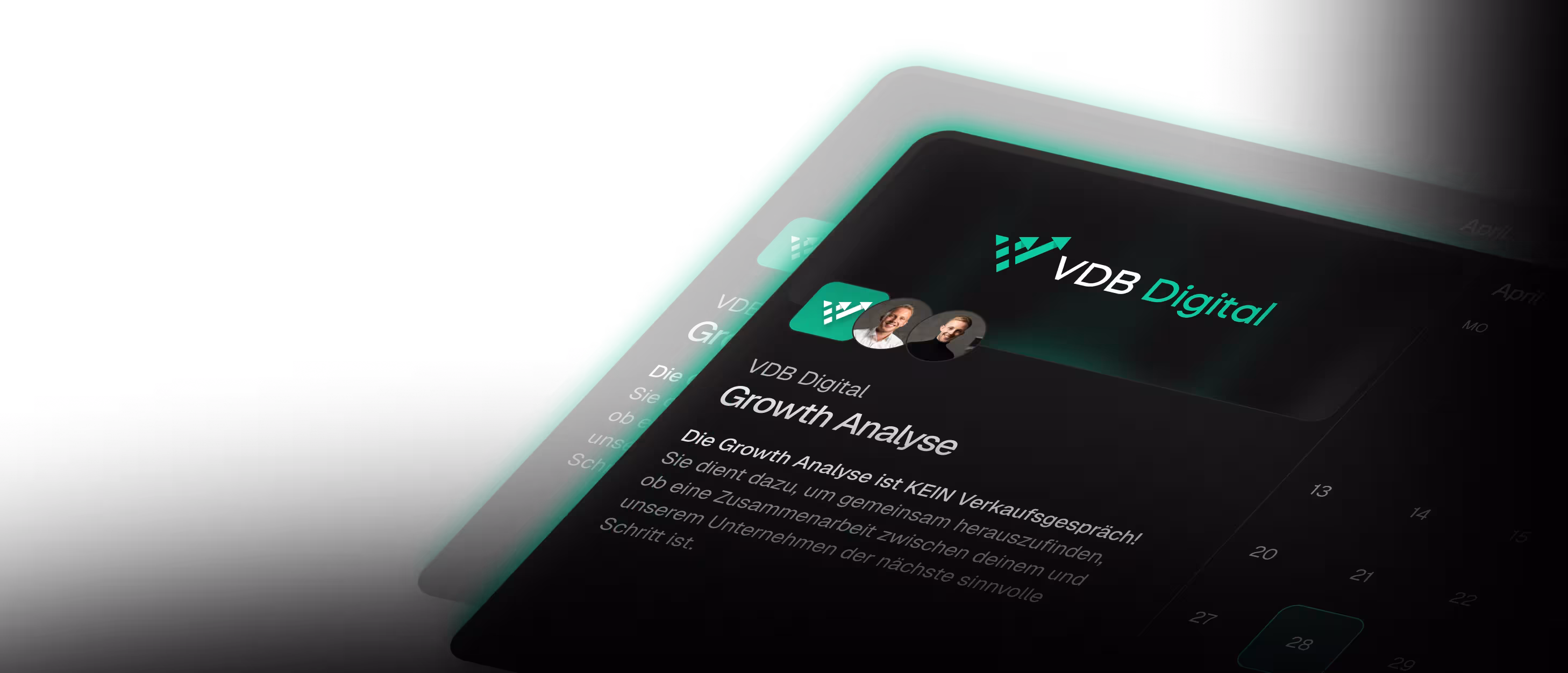 Kalender-Buchungsseite von VDB Digital für eine kostenlose Growth Analyse – verfügbare Termine im April und Mai 2026 mit Datum 28. April hervorgehoben, dunkles Design mit grünem Akzent