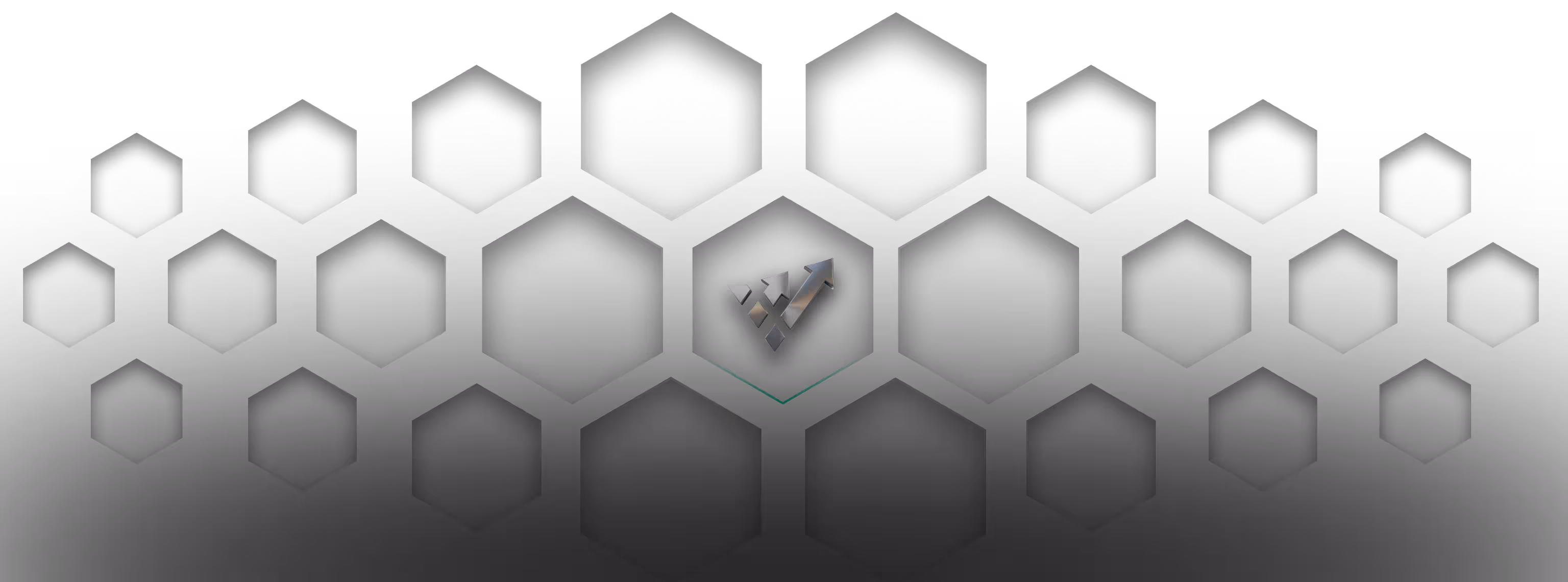Dunkle Hero-Sektion mit hexagonalem Grid, zentriertem Icon und subtilen Lichteffekten.