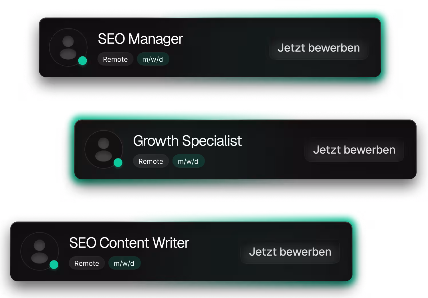 rei Job-Karten auf schwarzem Hintergrund: SEO Manager, Growth Specialist und SEO Content Writer – je Remote, m/w/d, mit Bewerbungsbutton.