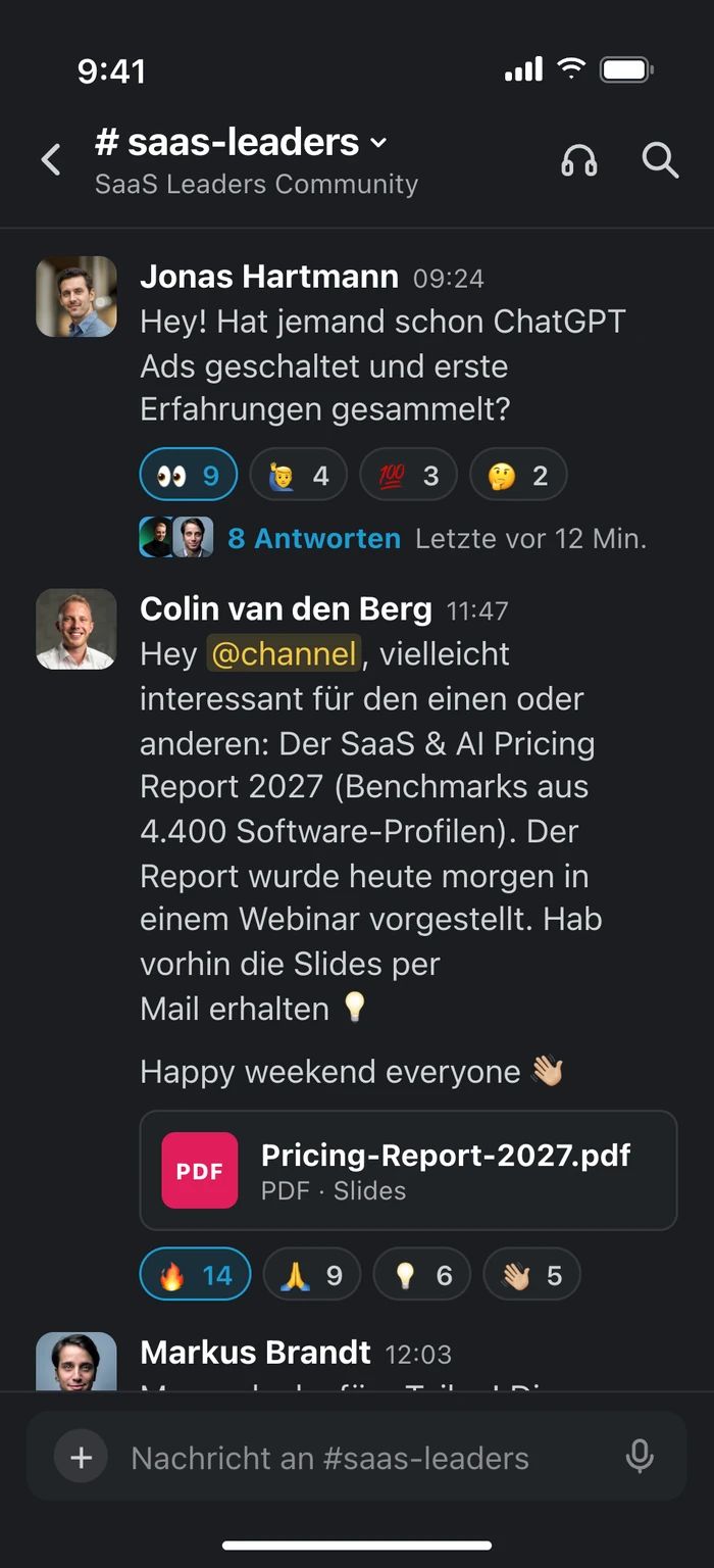Slack-Channel #saas-leaders der SaaS Leaders Community