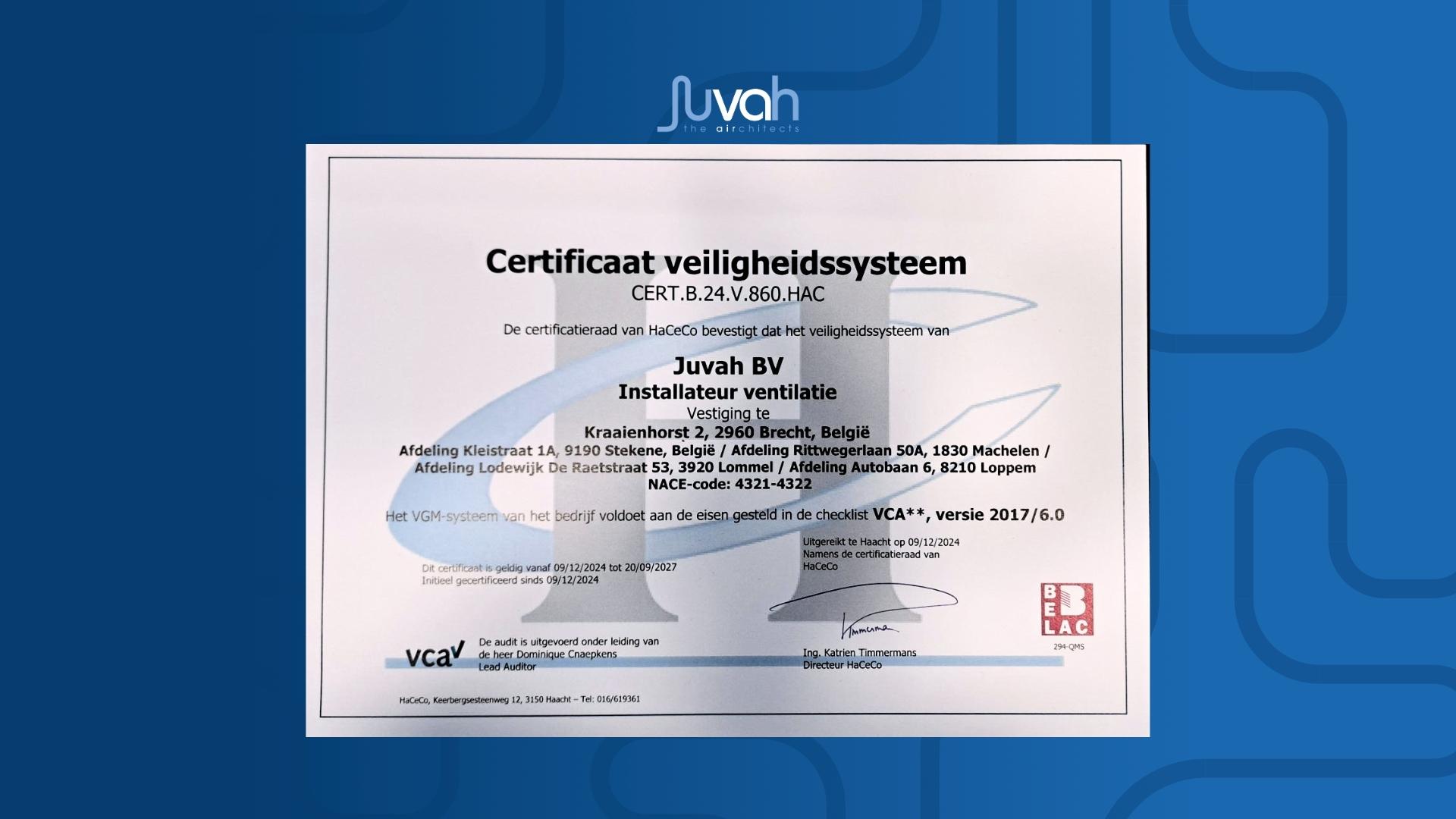 Juvah behaalt VCA**-certificaat: een nieuwe mijlpaal in veiligheid en kwaliteit 