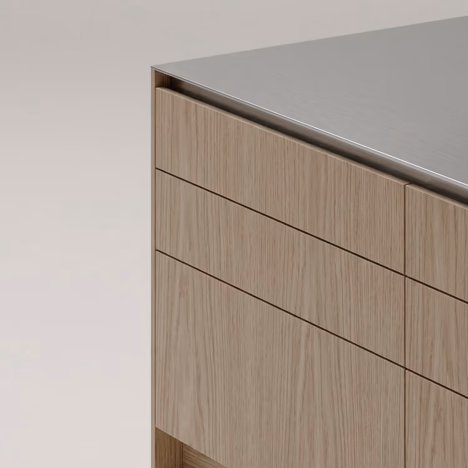 Holzschubladenschrank mit einer glatten, grauen Arbeitsplatte mit modernem Design.
