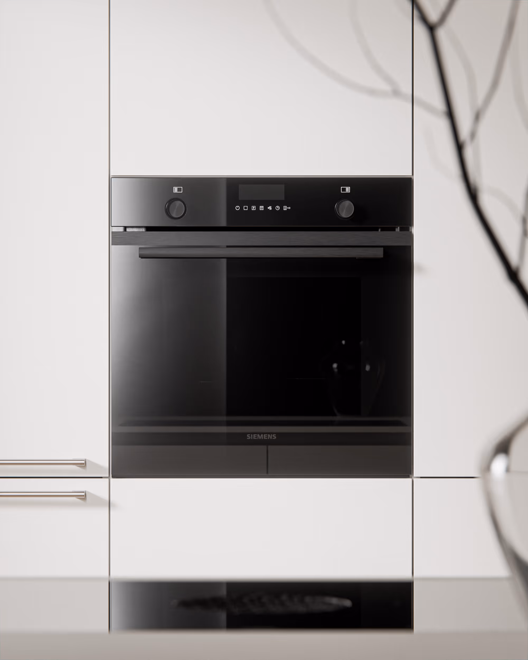 Eingebaute Siemens-Backofen mit schwarzer Glasfront in moderner weißer Küchenschrankwand.