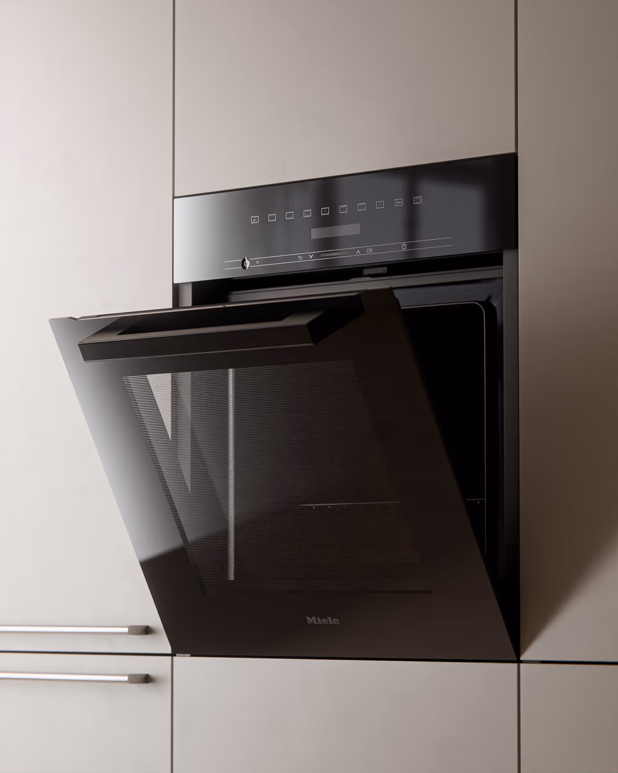 Eingebauter schwarzer Miele-Ofen mit leicht geöffneter Tür in moderner Küche.