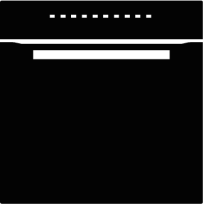 Schwarzer Ofenumriss mit Bedienfeld und Gitter als Silhouette vor hellem Hintergrund