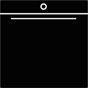 Schwarze Silhouette eines rechteckigen Einbaubackofens mit rundem Bedienelement.