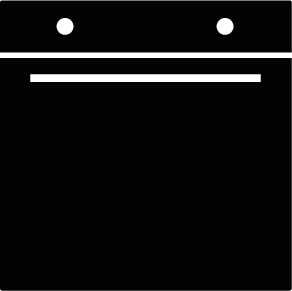 Schwarze Silhouette eines Backofens mit geöffneter Tür und Kochfläche oben.