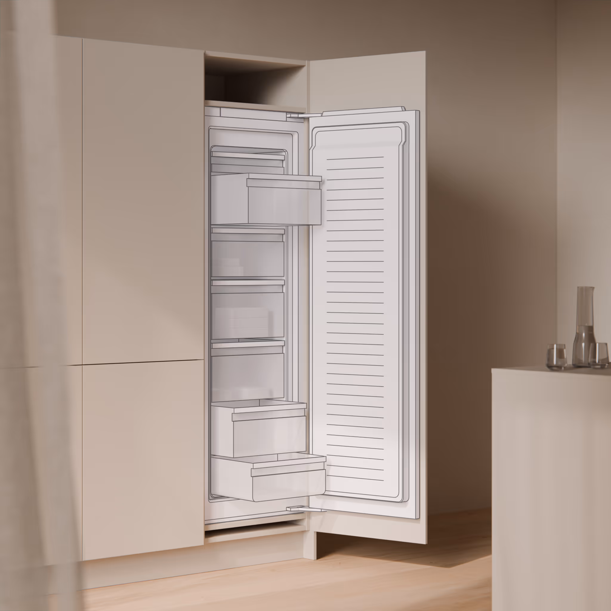 Eingebaute Siemens-Backofen mit schwarzer Glasfront in moderner weißer Küchenschrankwand.