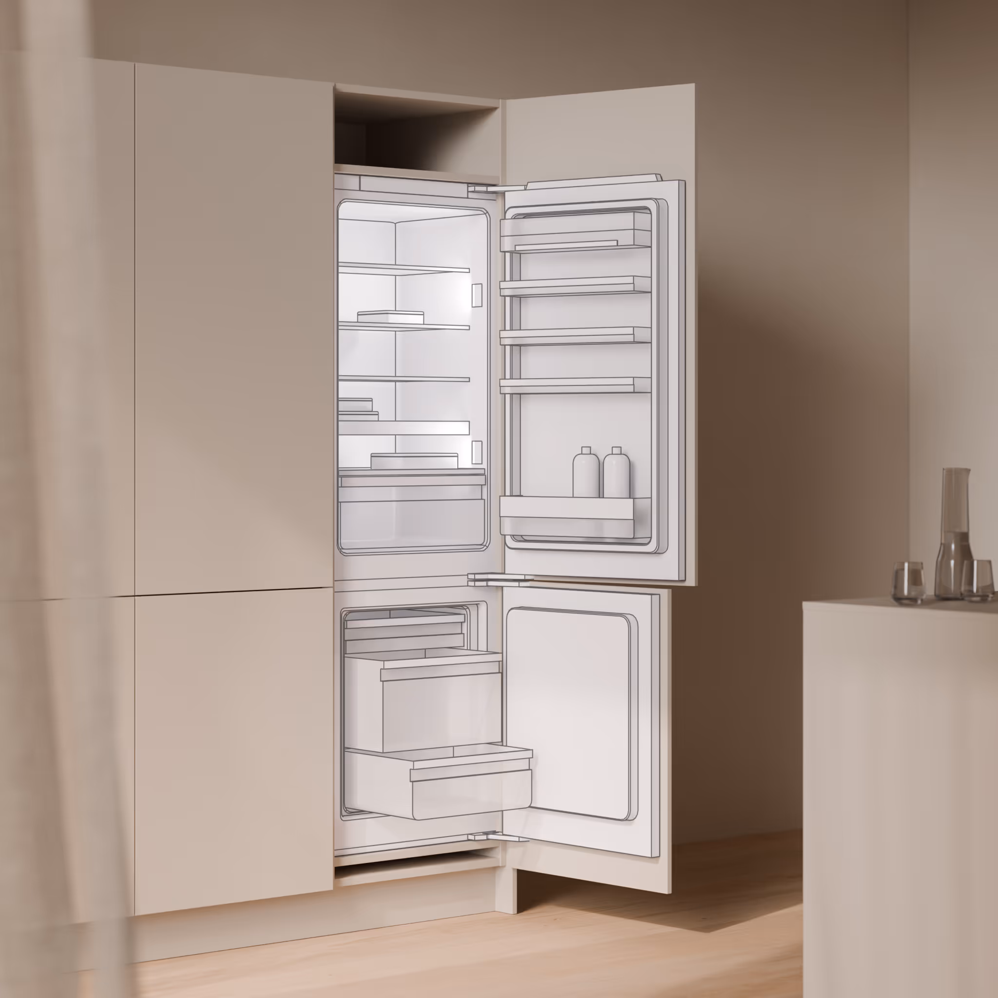 Eingebauter schwarzer Siemens-Backofen mit zwei Drehreglern in weißer Küchenfront.