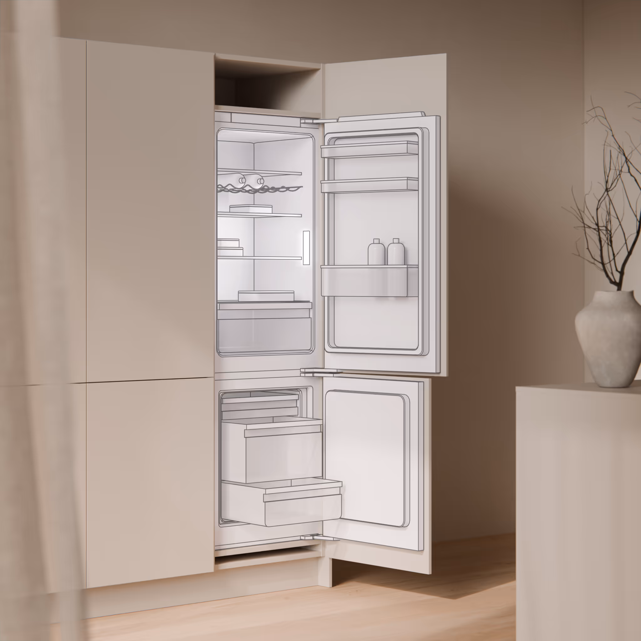 Eingebauter schwarzer Siemens-Backofen mit zwei Drehreglern in weißer Küchenfront.