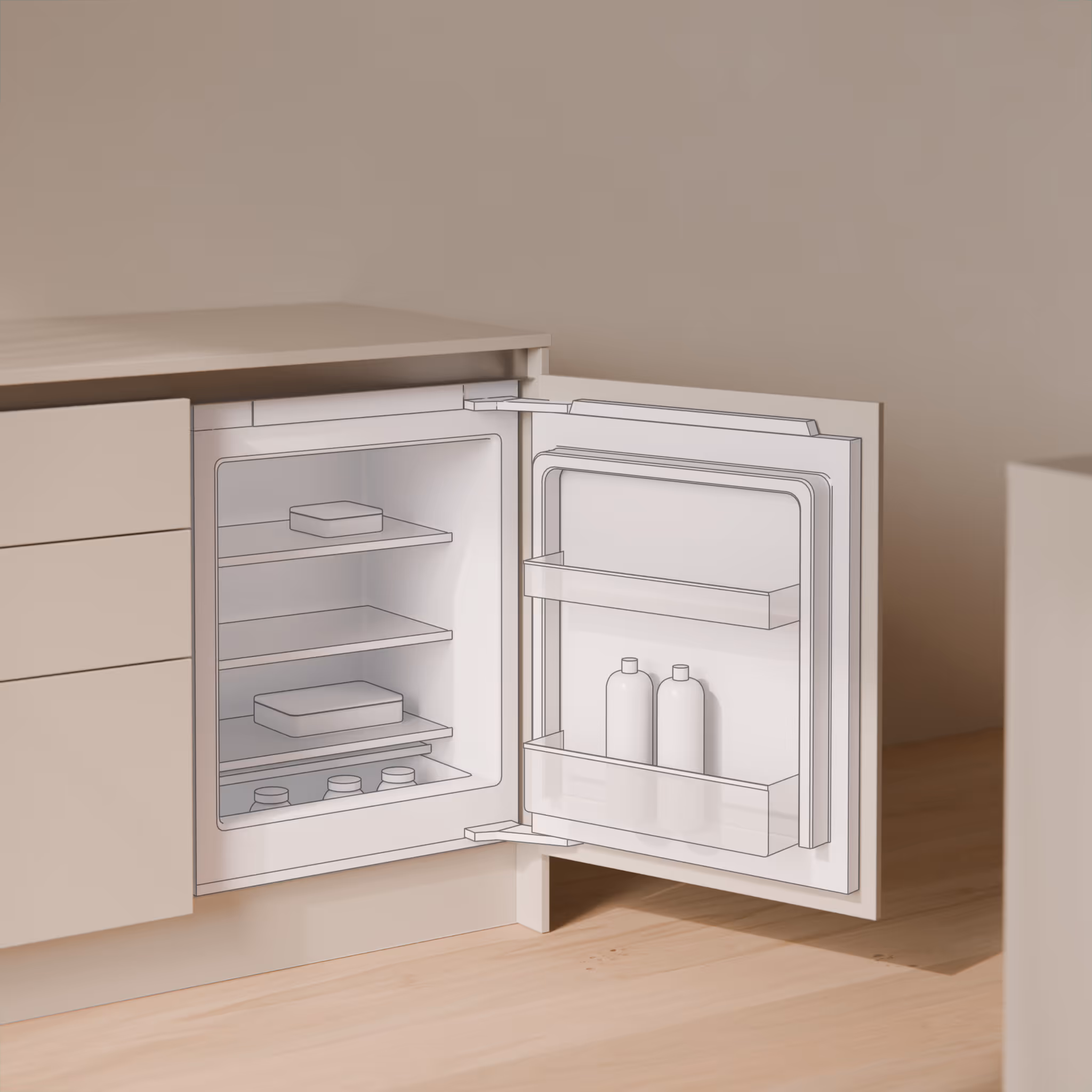 Schwarzer Siemens Backofen eingebaut in weiße Küchenmöbel mit Bedienknöpfen oben.