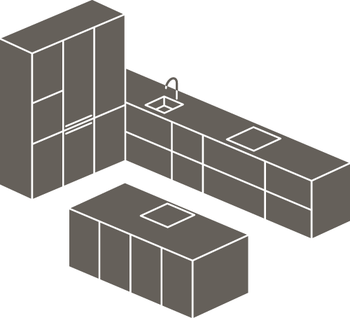 Isometrische Ansicht von Küchenmöbeln: hoher Schrank, Insel mit Kochfeld und Unterschrank mit Spüle.
