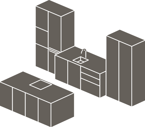 Isometrische Küchenmöbel mit Kühlschrank, Spüle, Arbeitsplatte und Kochfeld.