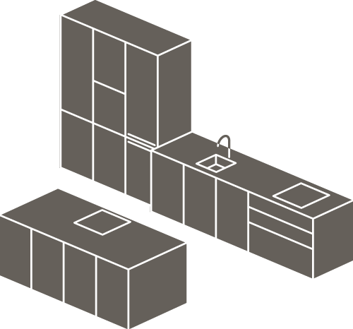 Isometrische Ansicht einer minimalistischen Kücheninsel und einer Küchenzeile mit Spüle und Herd.