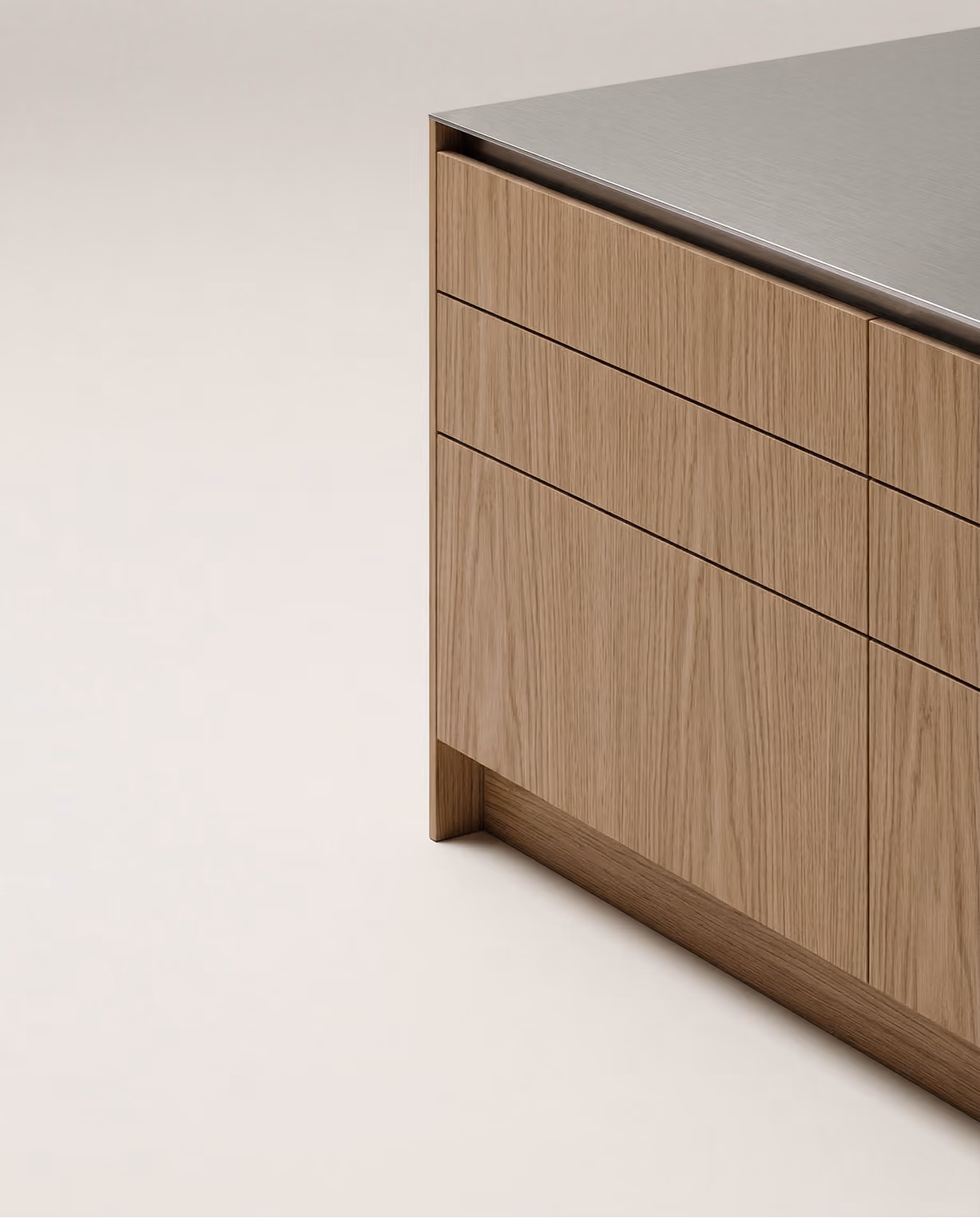 Eckansicht eines modernen Küchenunterschranks aus Holz mit einer Edelstahlarbeitsplatte.