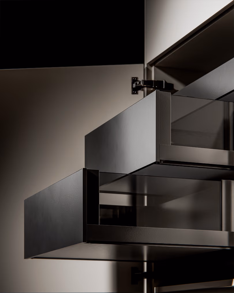 Zwei geöffnete schwarze Schubladen mit Glasfront in modernem Design vor schwarzem Hintergrund.