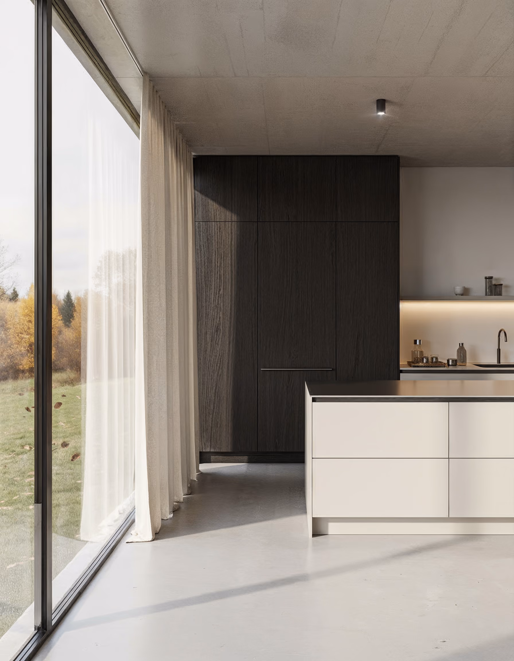 Moderne Küche mit großer Glaswand, weißen Schränken und dunklem Holzschrank in minimalistischer Gestaltung.
