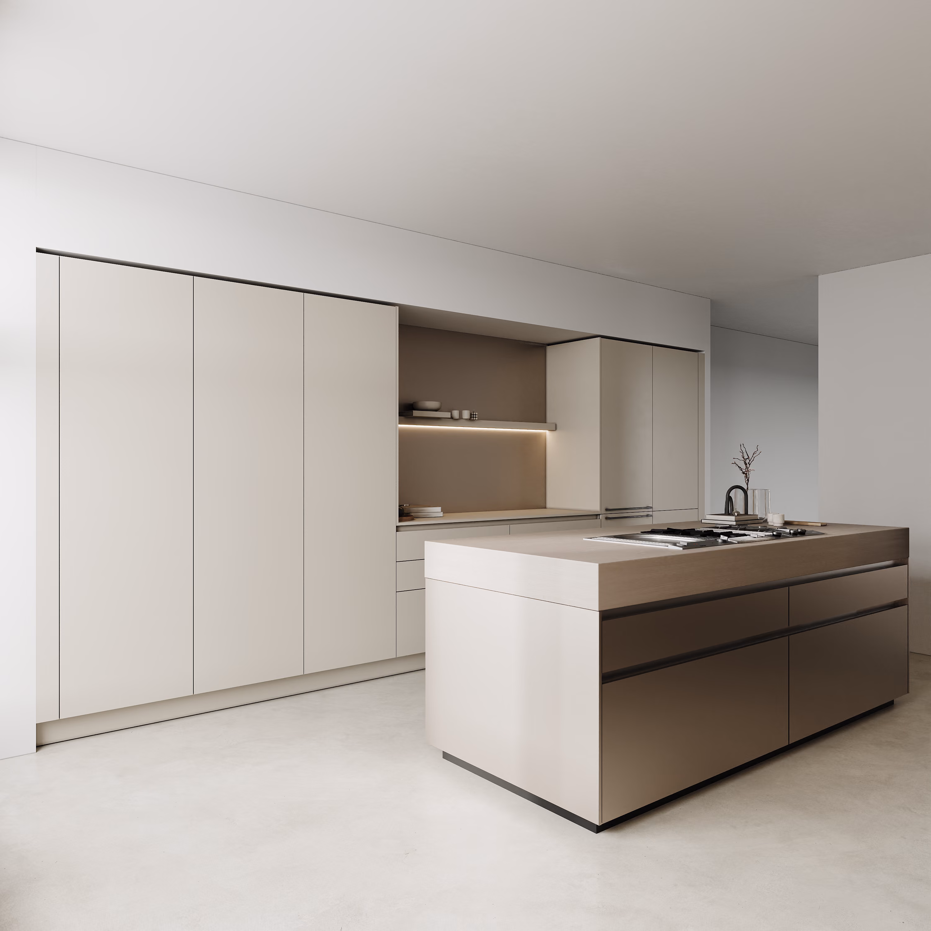 Moderne minimalistische Küche mit weißem Inselblock und Einbauschränken.