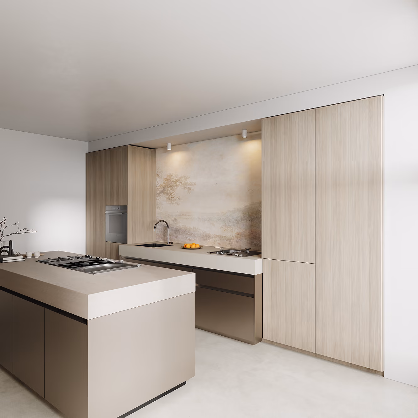 Moderne Küche mit Kochinsel, Einbauherd, Spüle und Holzschränken in neutralen Farben.