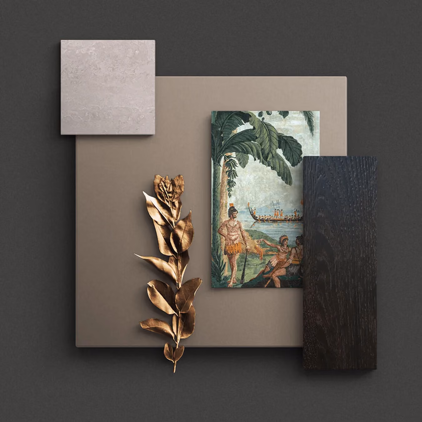 Komposition von Farbproben: grauer Stein, braunes Holz, goldene Blätter und Kunst mit tropischem Motiv.
