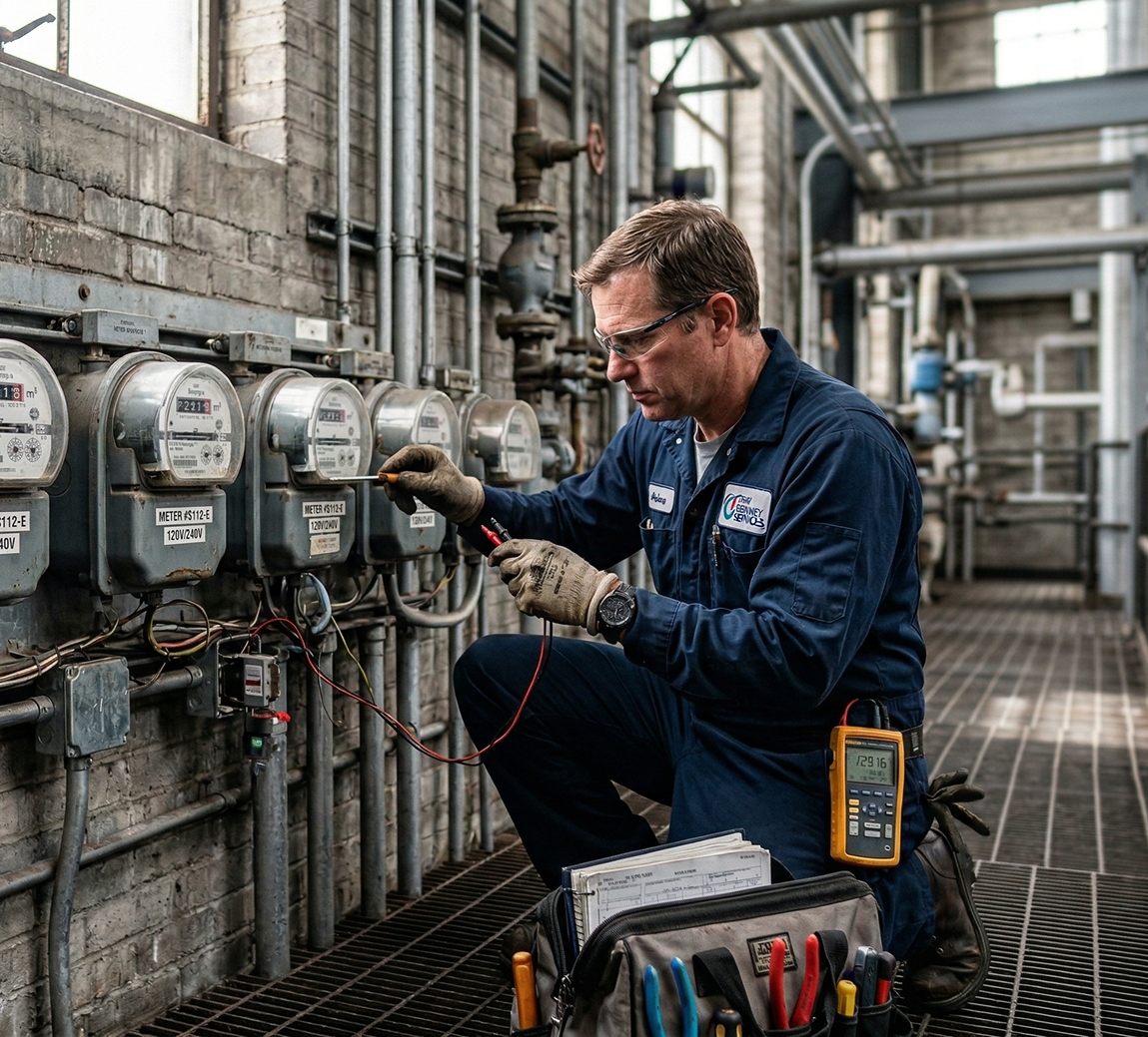 Electrician in blue coveralls and safety glasses working with meters and equipment in an industrial setting.