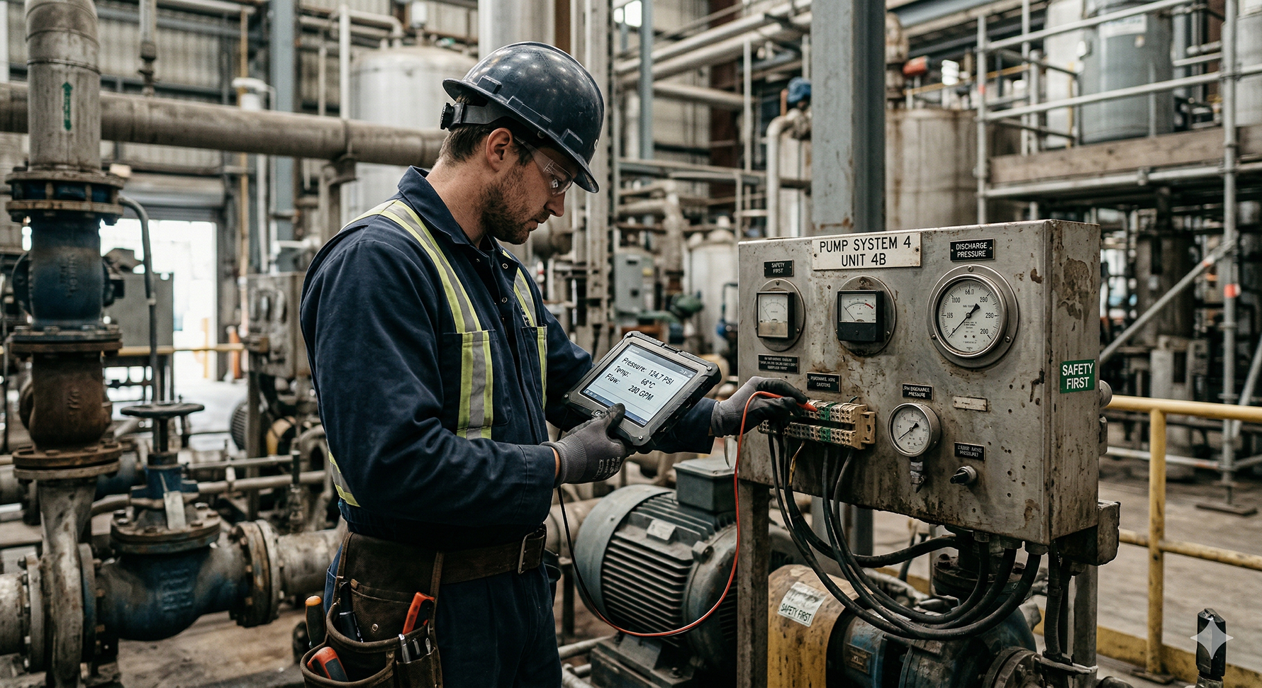 Industrial worker in safety gear using a tablet to inspect controls on a pump system in a factory setting.