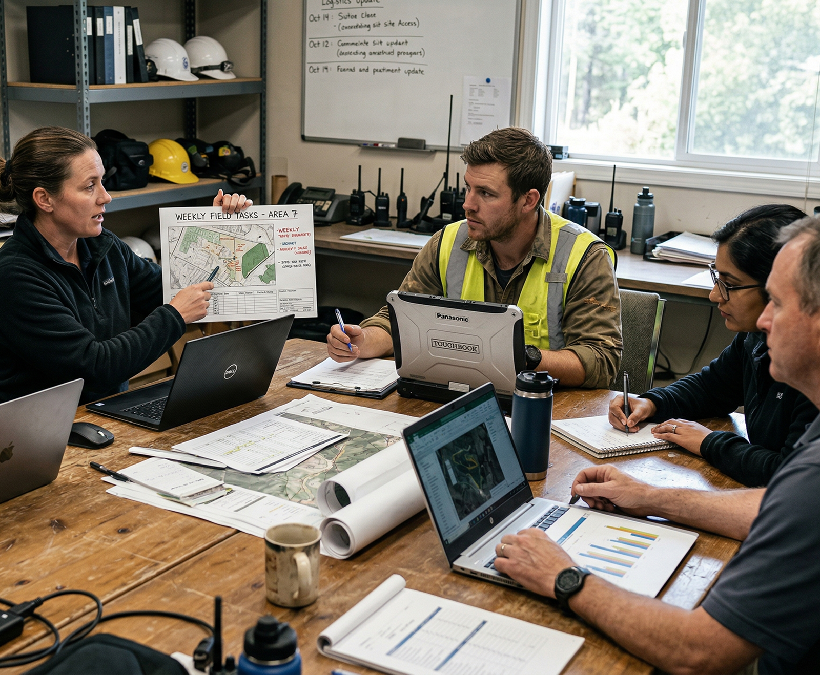 Four people in a meeting room discussing weekly field tasks with laptops, documents, and a map on the table.