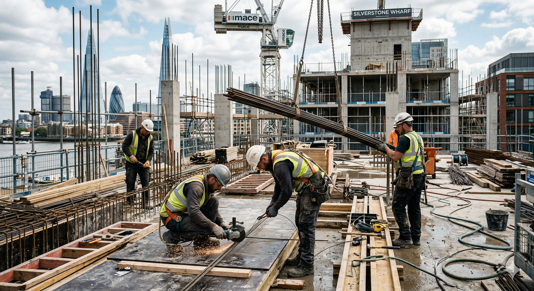 Construction workers in safety gear working on a building site with cranes and city buildings in the background.