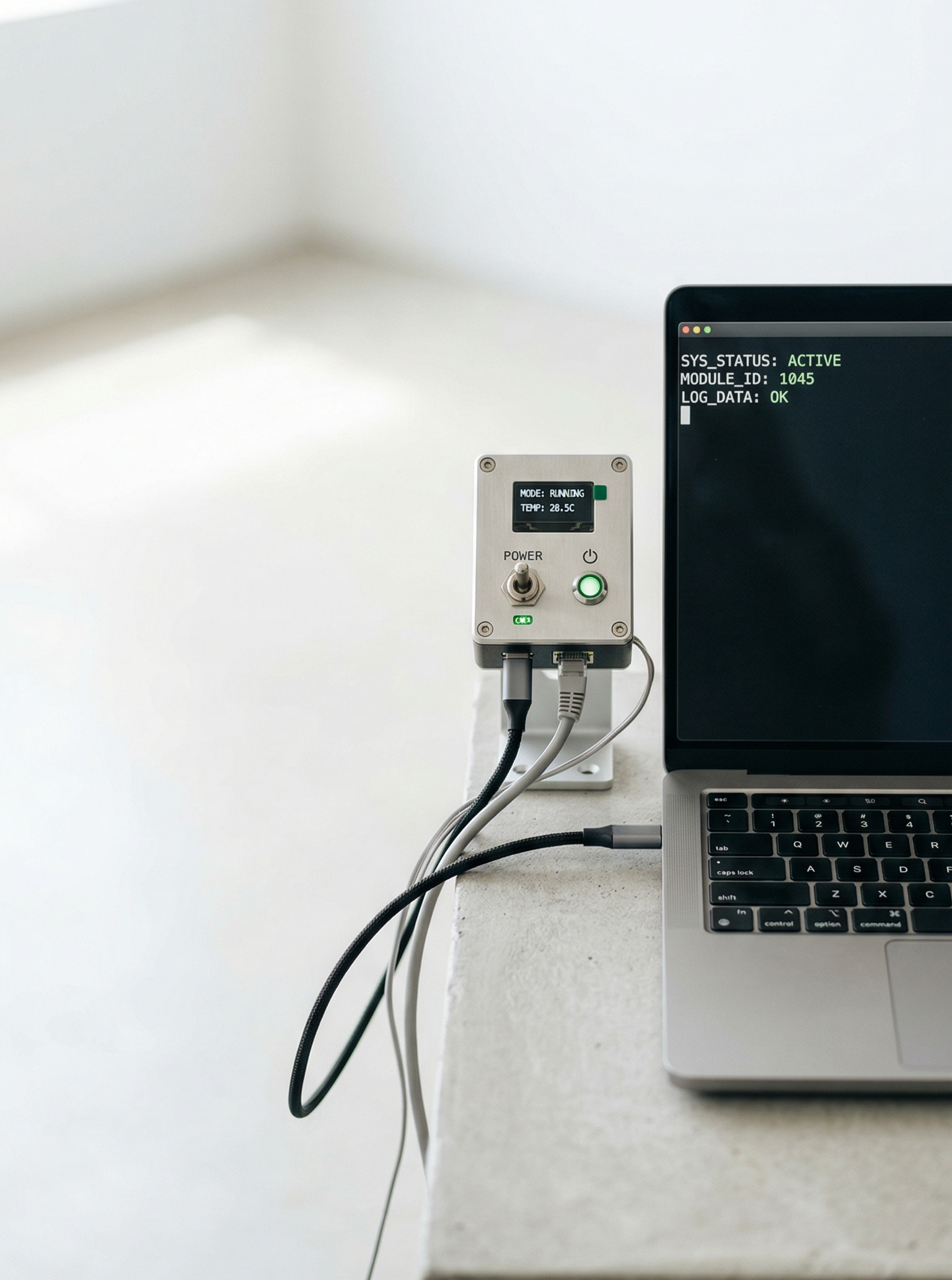 Electronic device connected to a laptop showing system status with a screen displaying MODE RUNNING and TEMP 28.5C.