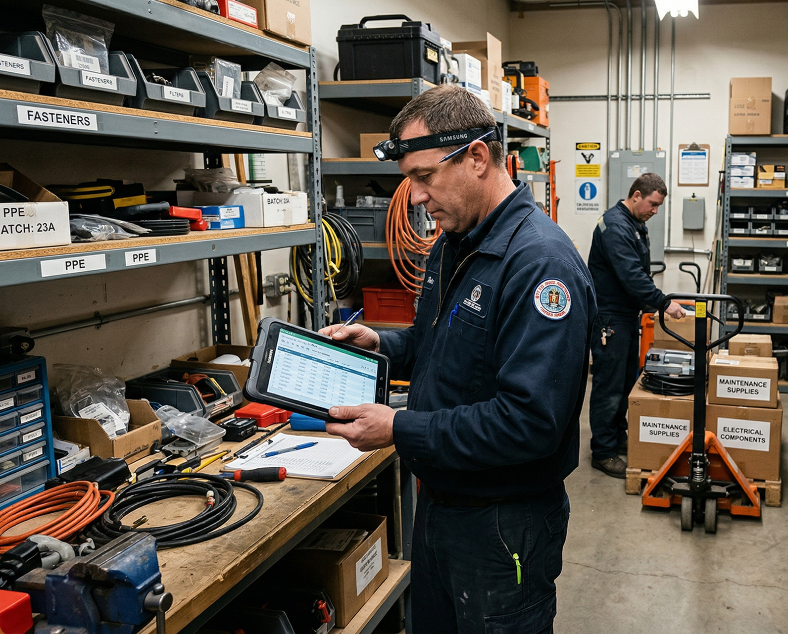 Two workers in a supply room, one checking a tablet device with a spreadsheet, the other handling boxes labeled maintenance supplies and electrical components on a pallet jack.