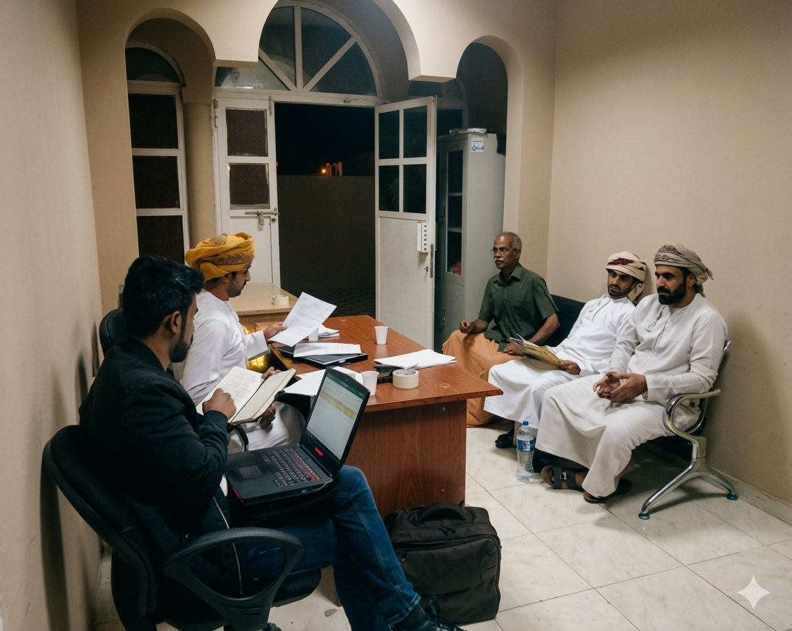 Group of five men in traditional Middle Eastern attire and one in a suit having a meeting in a modest office room with papers, a laptop, and an open door at night.