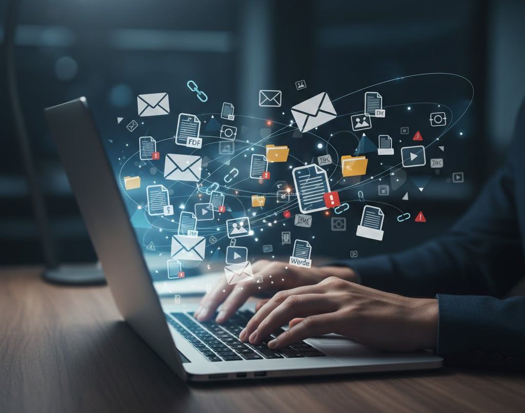 Person typing on a laptop with floating digital icons of envelopes, documents, folders, and alerts symbolizing data exchange and communication.