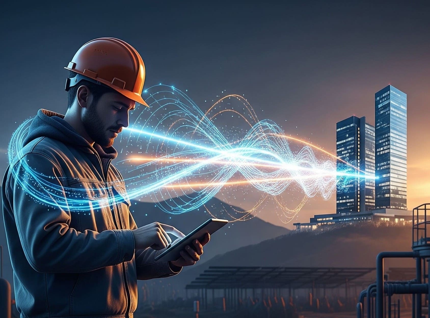 Construction worker wearing orange hard hat using a tablet with digital waves connecting him to illuminated skyscrapers at sunset.