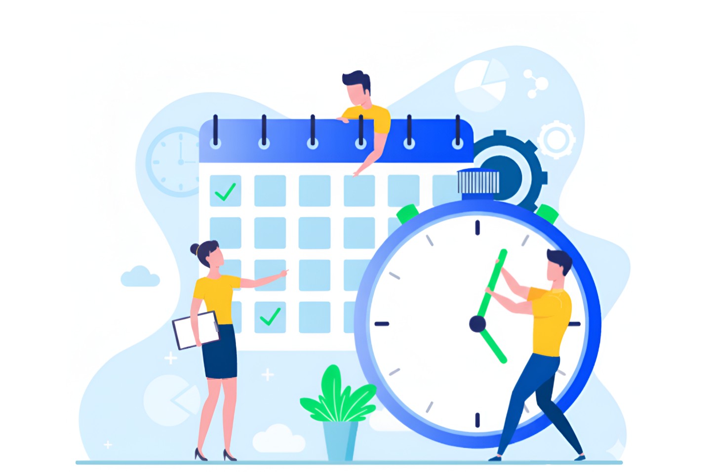 Illustration of three people managing time and schedules with a large calendar and stopwatch.