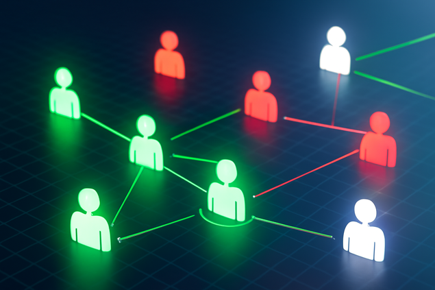 Network of interconnected human icons in green, red, and white connected by lines on a grid background.