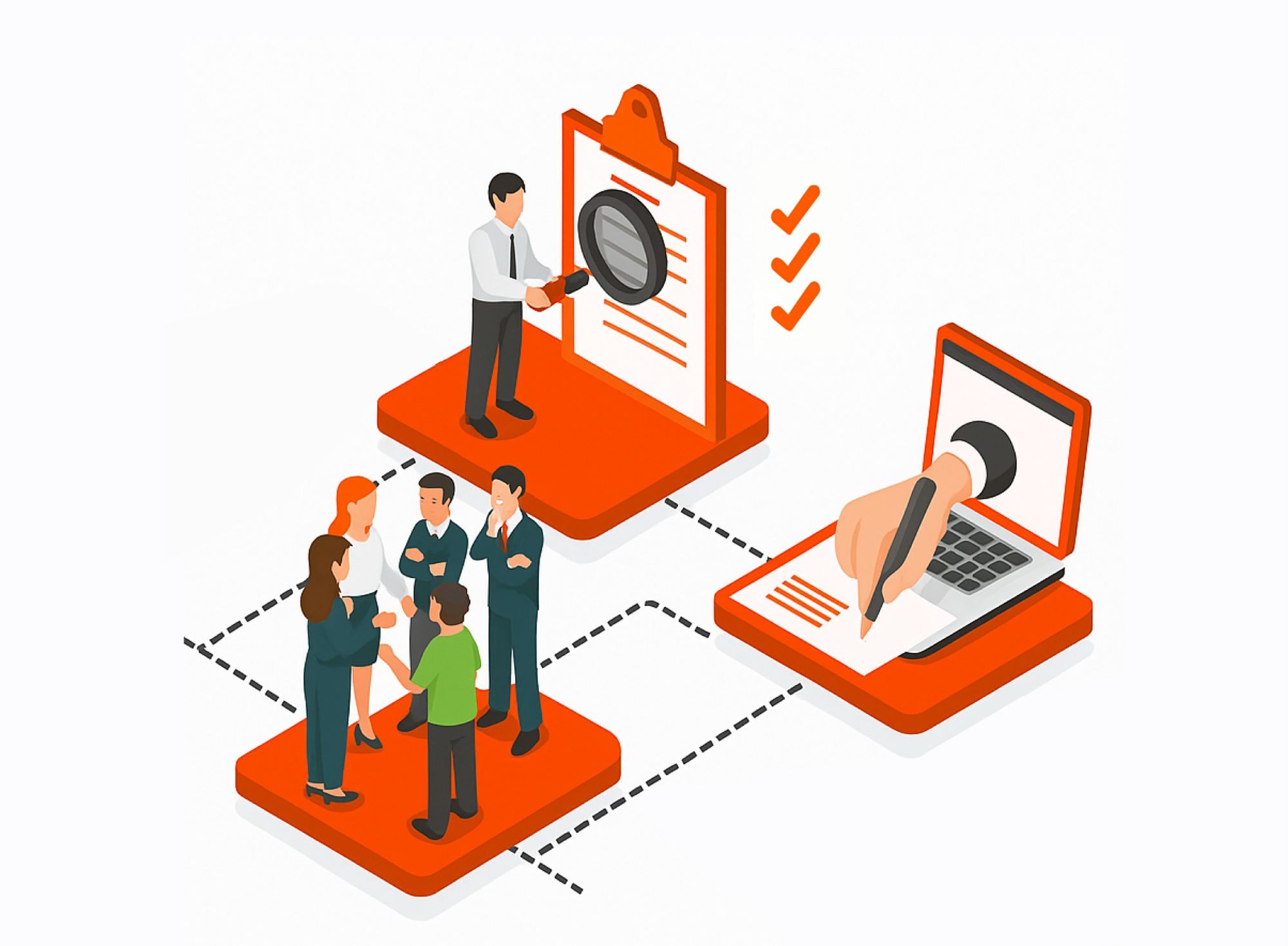 Isometric illustration showing a person inspecting a clipboard with a magnifying glass, a group of five people conversing, and a hand writing on paper emerging from a laptop screen, interconnected by dashed lines.