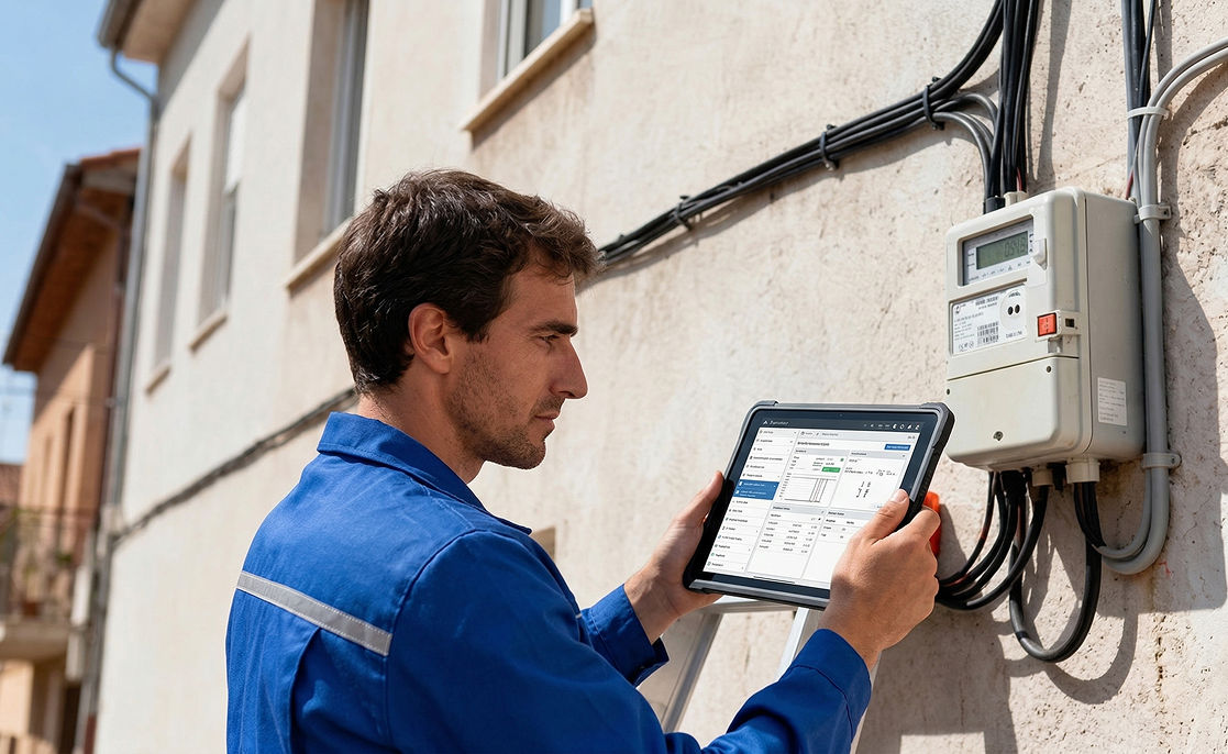 Technician in blue uniform using a tablet to read data from an outdoor electric meter mounted on a wall.