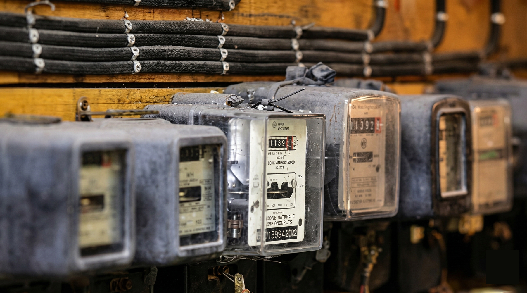 Close-up of vintage analog electricity meters mounted in a row on a wooden panel with thick cables above them.