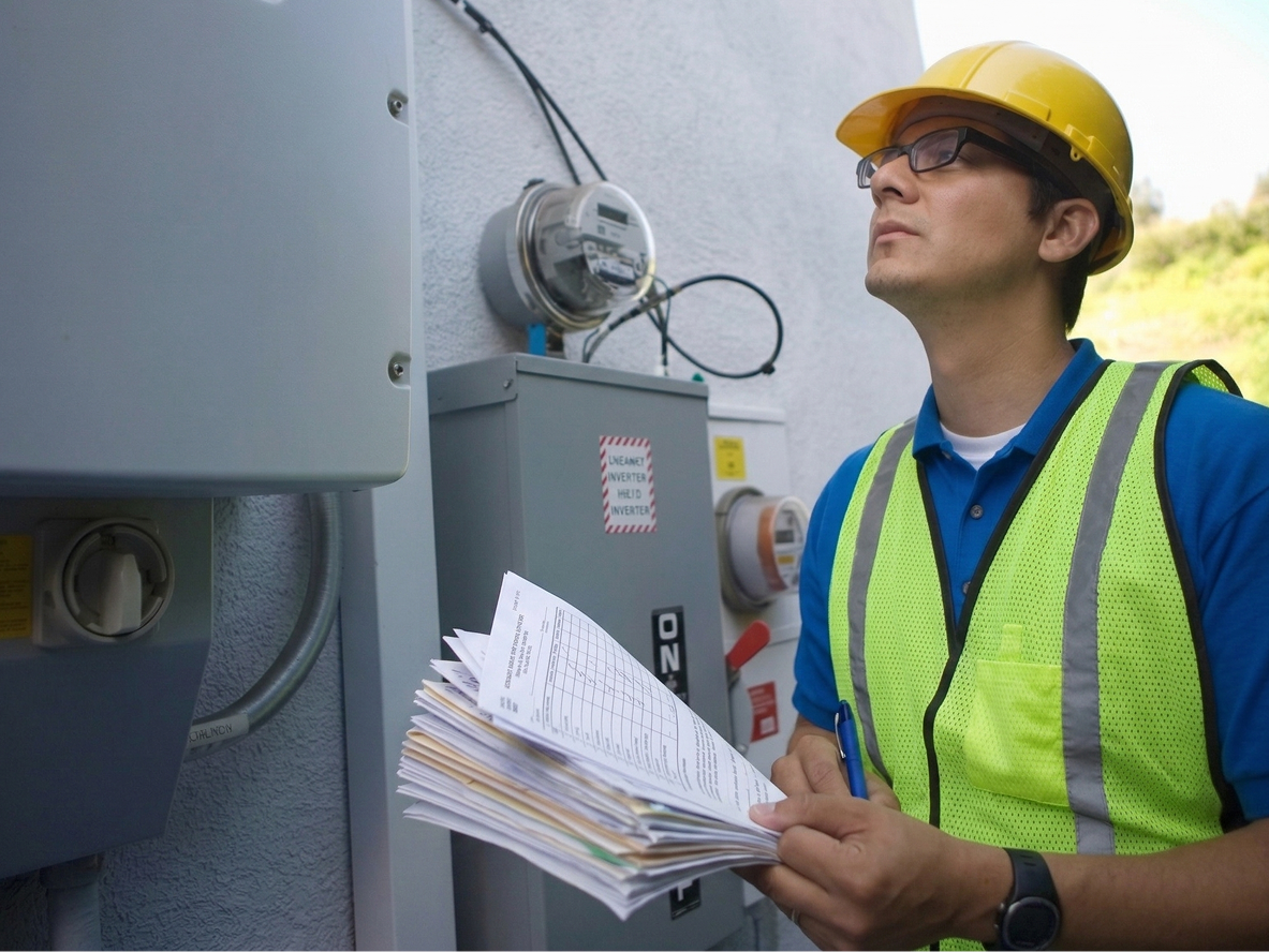 Electric utility worker wearing a yellow hard hat and reflective vest inspecting electrical meters while holding documents and a pen.