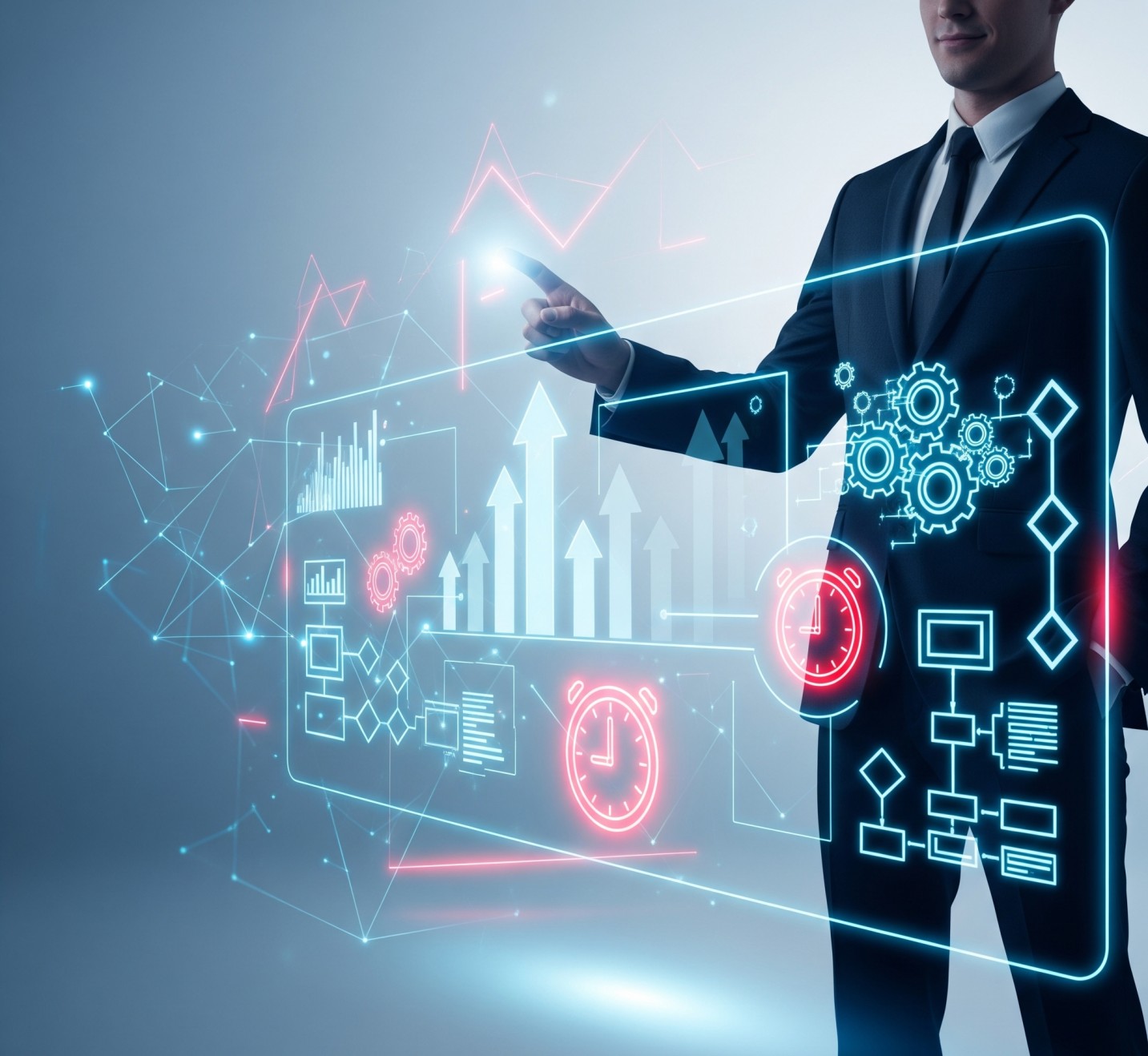 Man in a suit interacting with futuristic digital interface displaying graphs, clocks, gears, and flowchart icons.