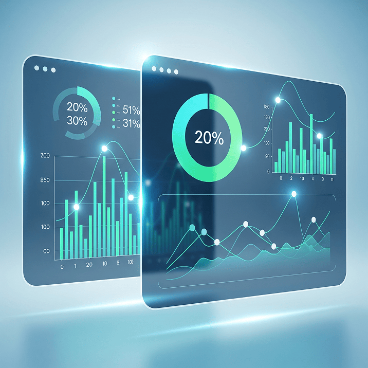 Two transparent data dashboard screens displaying bar charts, line graphs, and circular progress indicators showing percentages.