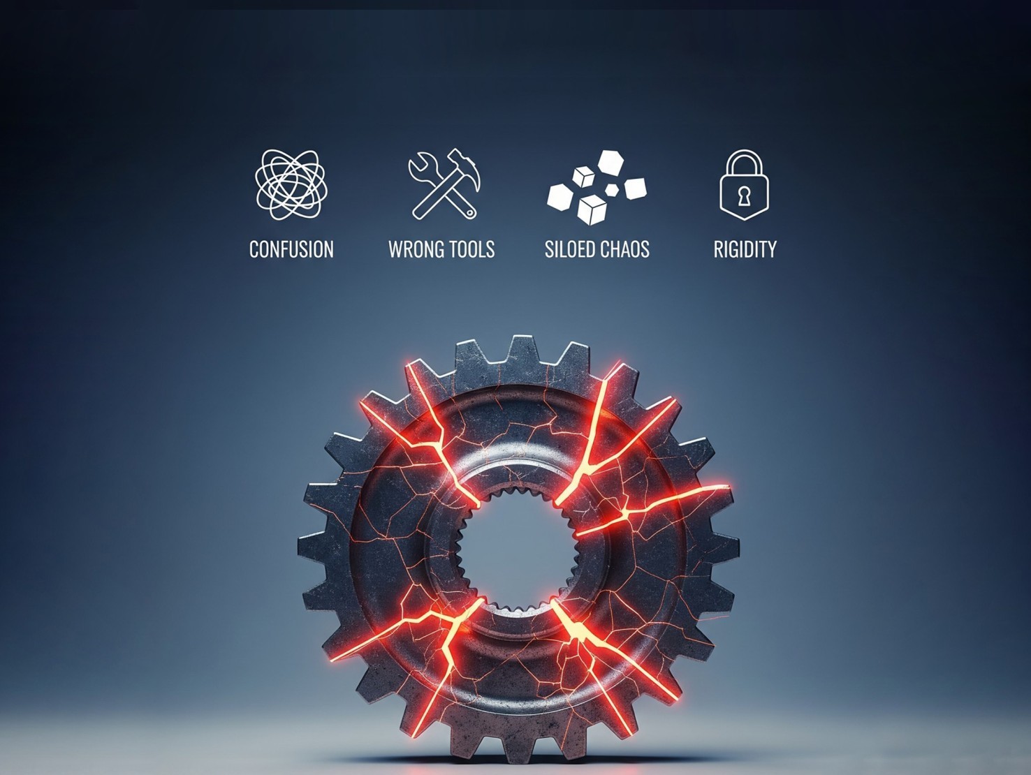 Metal gear with glowing red cracks beneath icons labeled Confusion, Wrong Tools, Siloed Chaos, and Rigidity on a dark blue background.