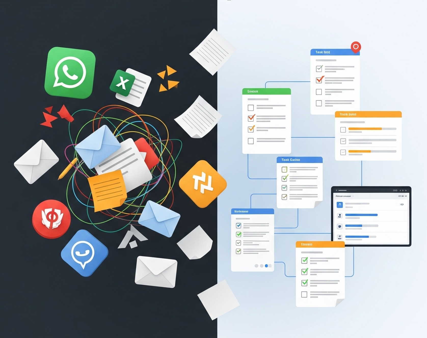 Split image showing scattered unorganized emails, apps, and notes on a dark background versus organized digital task lists and charts connected to a tablet on a light background.