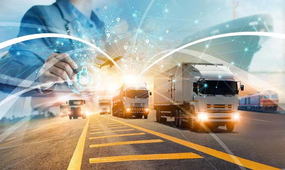 Fleet of trucks and a train on tracks overlaid with a person in a suit and interconnected digital network icons representing logistics and transportation technology.