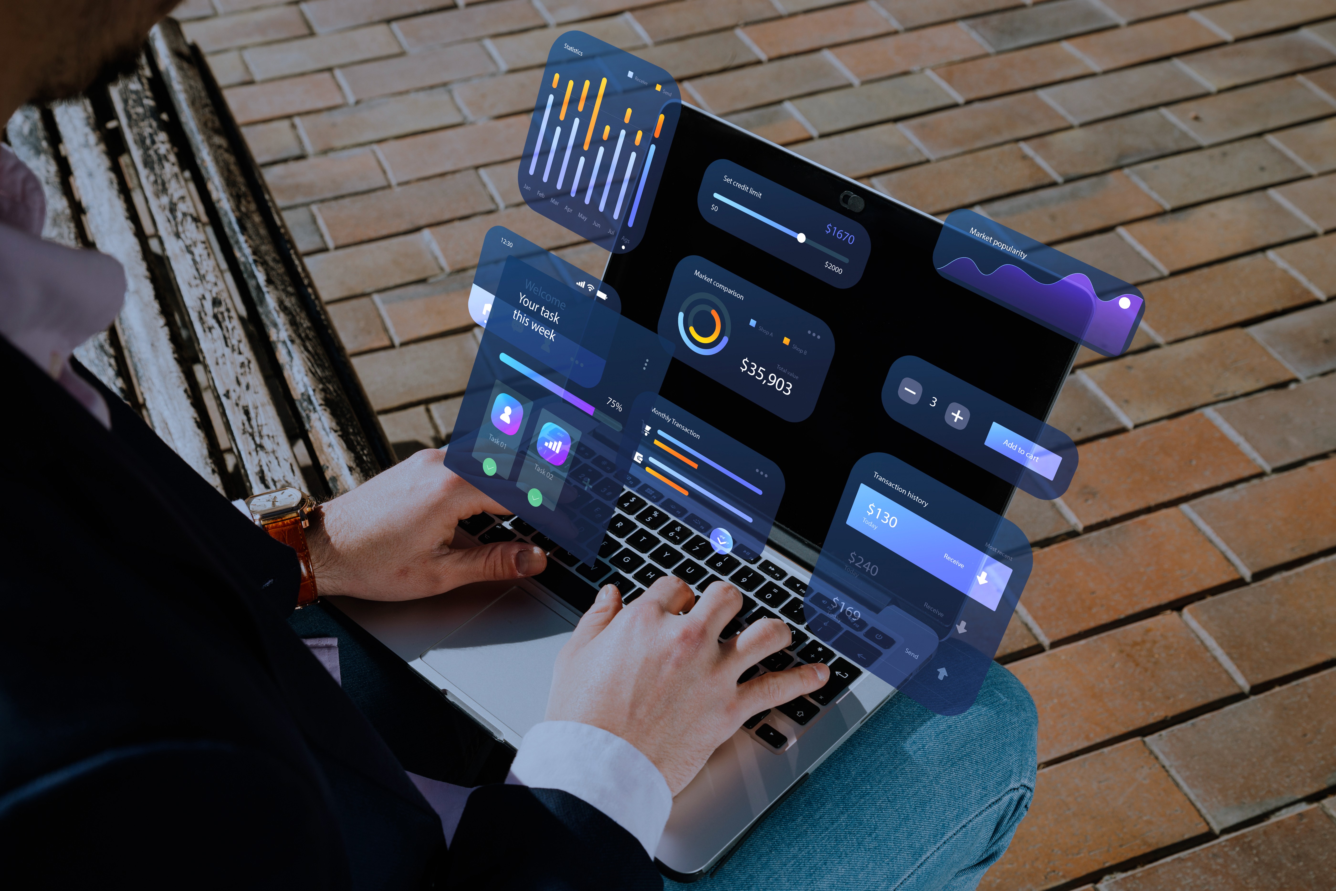 Person using a laptop with digital interface overlays showing charts, task progress, market comparison, credit limit slider, transaction history, and add-to-cart button.